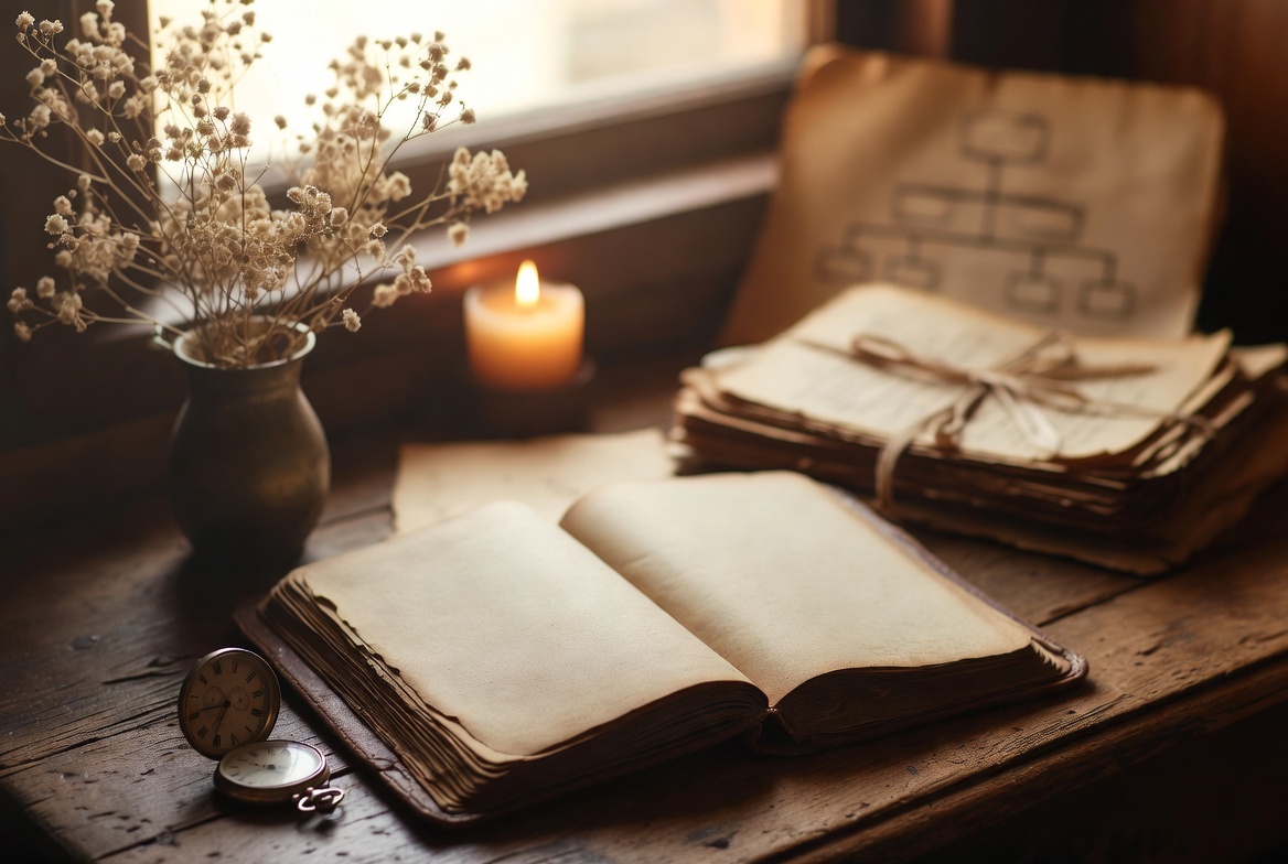 An open journal with old letters and a pocket watch